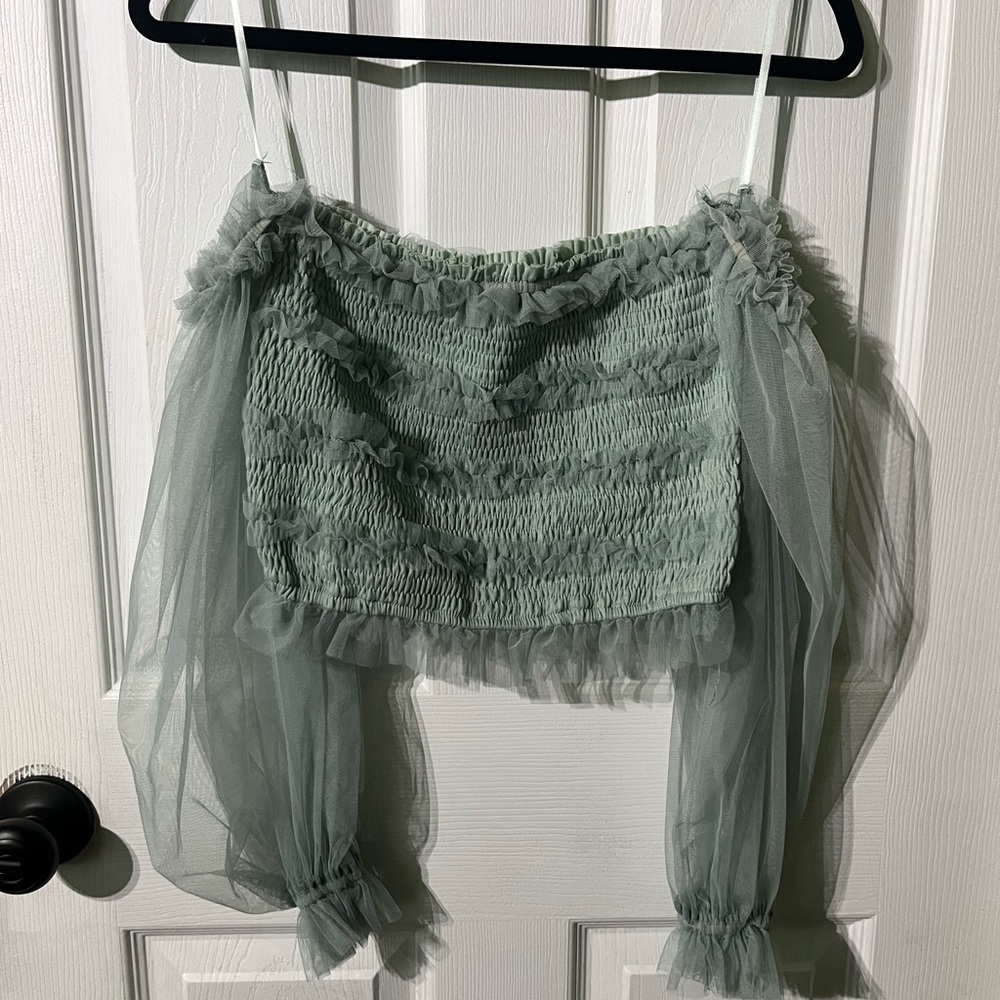 Green Smocked Off-Shoulder Top with Sheer Sleeves